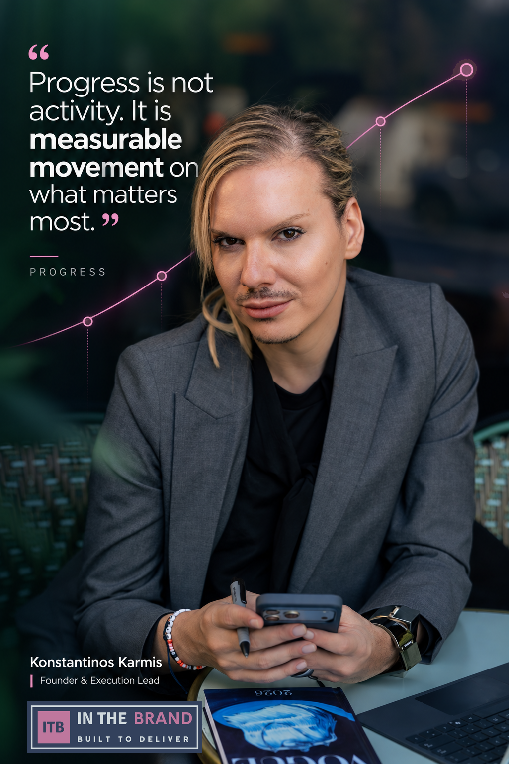 Progress — IN THE BRAND artwork. Portrait of Konstantinos Karmis with progress quote.